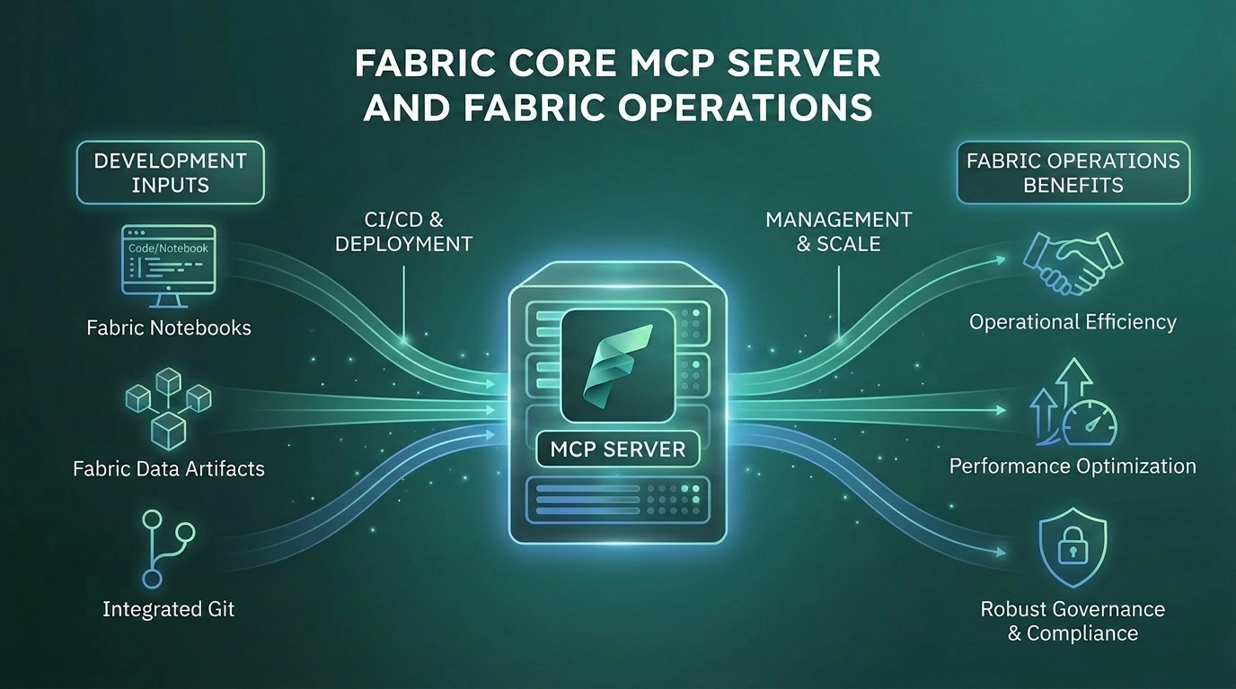 A visual representing AI agents interacting with Microsoft Fabric workspaces, items, and capacities through a cloud-hosted MCP endpoint.